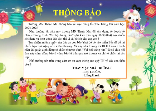 THÔNG BÁO DỪNG TỔ CHỨC CHƯƠNG TRÌNH TRUNG THU NĂM 2024